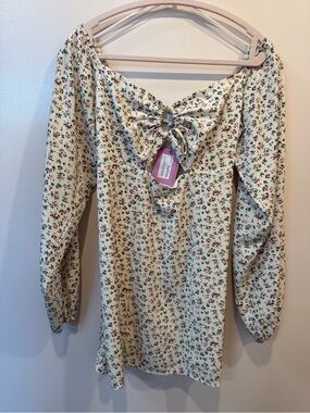 Floral Cream Long Sleeve Mini Dress with Front Tie